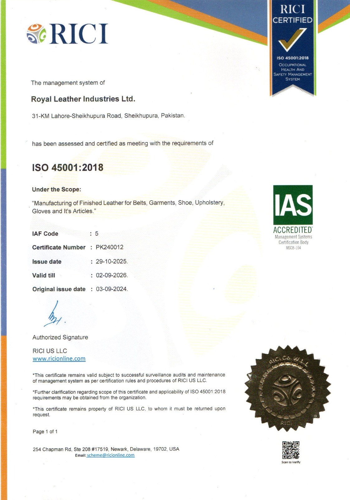 ISO 45001:2018 Occupational Health and Safety Management System Certificate