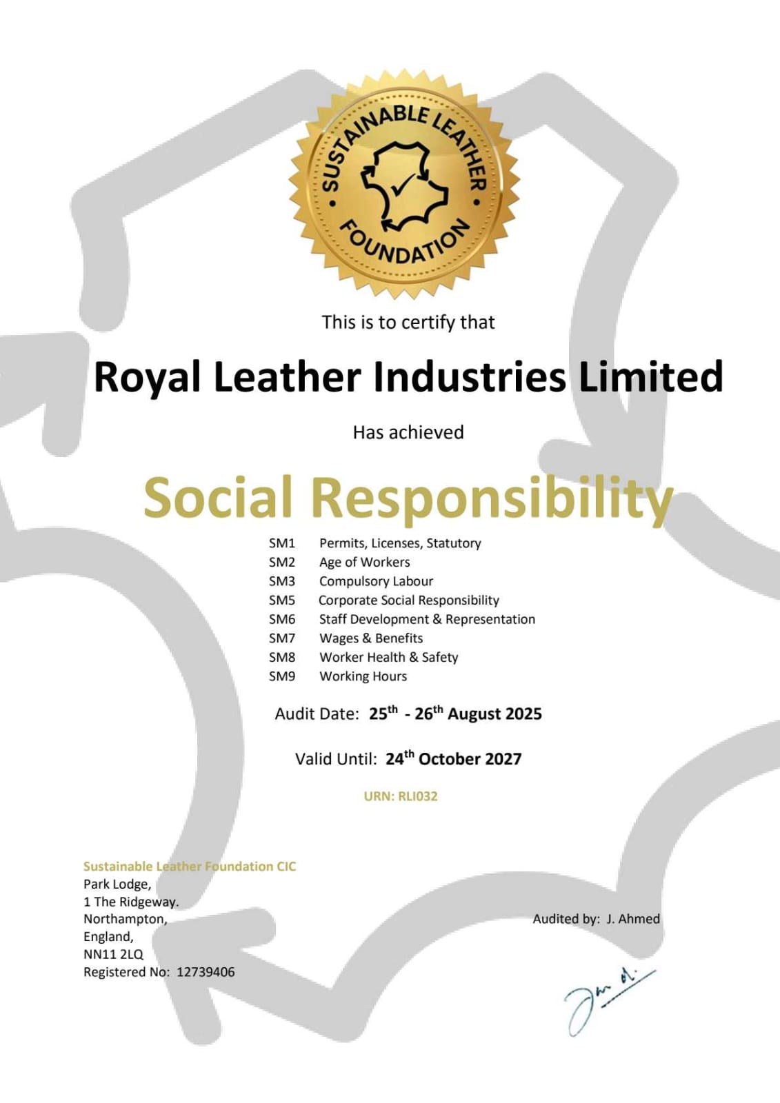 Sustainable Leather Foundation Social Responsibility Certificate